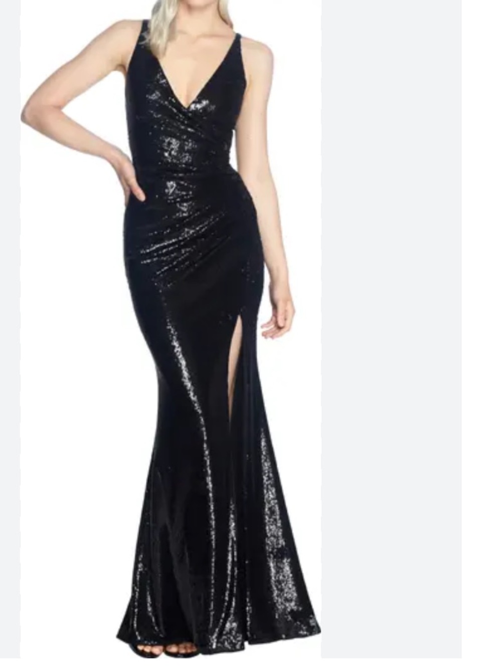 Dress the population black sequin Jordan ruched mermaid formal gown sz m glam
